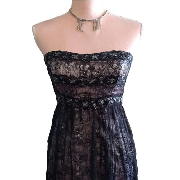 VTG Y2K Black Floral Lace Sequins Strapless Whimsigoth Mini Dress Small - Picture 7 of 15